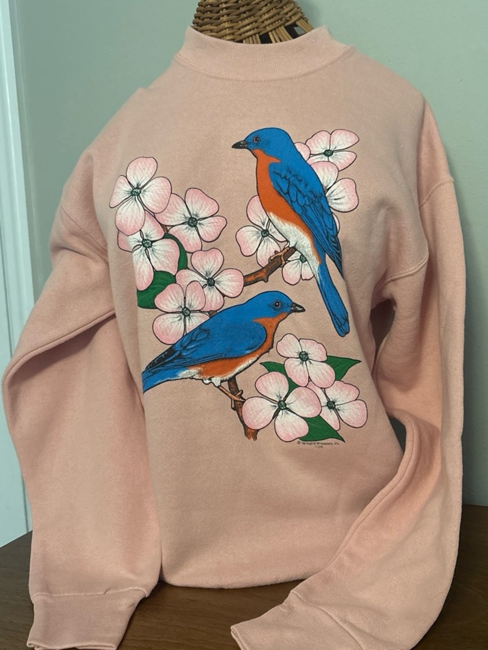 Fruit of the Loom Pink Sweatshirt with Blue and Orange Eastern Bluebird Design